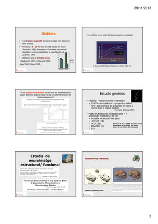 29/11/2013

Dislèxia

Es un dèficit, no un retard del desenvolupament o maduratiu

• Es el trastorn específic de l’aprenentatge més freqüent i
millor estudiat
• Prevalença 5 - 17 % nens en edat escolar als EEUU
(Stanovich, 1986; Interagency Committee on Learning

Disabilities. Learning Disabilities: a report to14the US
12
Congress. 1987)
• Afecta per igual a ambdós sexes

10
8

(Wadsworth 1992 ; S.Shaywitz 2003;

Siegel 2005; Siegel 2010)

Niños
Niñas

6
4

S. Shaywitz 2003 Dyslexia Pediatrics in Review 24(5) 147

2
0
investigac

colegio

És un trastorn persistent encara que les manifestacions
siguin diferents segons l’edat (no és un retard transitori del
desenvolupament)

Estudis genètics
– Dislèxia: Trastorn familiar i hereditari
• 25-65% nens dislèxics → progenitor dislèxic
• 40% dels germans dx presenten en major o
menor grau el mateix trastorn
Pennington & Gilberg (1996)

– Model multifactorial: múltiples gens + f
ambientals protectors i de risc
• Probable localització dels gens:
DYX1C1 (15)
Poelmans G et al. (2008) Am J Med Genet
DCDC2 (6)
Schumacher et al (2008) Psy Genet
KIAA0319 (6)
Scerri TS et al (2011) Biol Psychiatry
2???

Estudis de
neuroimatge
estructural/ funcional

NEUROIMATGE FUNCIONAL

Activación cerebral durante la lectura

Shaywitz K, Shaywitz S (2003)

3

 