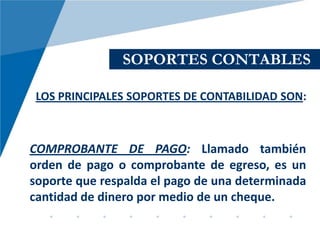 SOPORTES CONTABLES

 LOS PRINCIPALES SOPORTES DE CONTABILIDAD SON:



COMPROBANTE DE PAGO: Llamado también
orden de pago o comprobante de egreso, es un
soporte que respalda el pago de una determinada
cantidad de dinero por medio de un cheque.
 