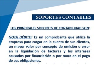 SOPORTES CONTABLES

 LOS PRINCIPALES SOPORTES DE CONTABILIDAD SON:

NOTA DÉBITO: Es un comprobante que utiliza la
empresa para cargar en la cuenta de sus clientes,
un mayor valor por concepto de omisión o error
en la liquidación de facturas y los intereses
causados por financiación o por mora en el pago
de sus obligaciones.
 