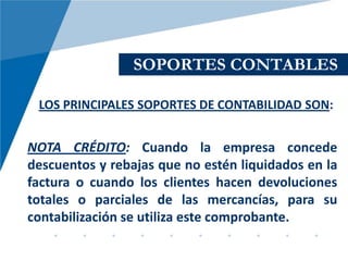 SOPORTES CONTABLES

 LOS PRINCIPALES SOPORTES DE CONTABILIDAD SON:


NOTA CRÉDITO: Cuando la empresa concede
descuentos y rebajas que no estén liquidados en la
factura o cuando los clientes hacen devoluciones
totales o parciales de las mercancías, para su
contabilización se utiliza este comprobante.
 