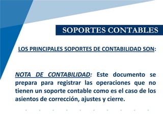 SOPORTES CONTABLES

 LOS PRINCIPALES SOPORTES DE CONTABILIDAD SON:



NOTA DE CONTABILIDAD: Este documento se
prepara para registrar las operaciones que no
tienen un soporte contable como es el caso de los
asientos de corrección, ajustes y cierre.
 