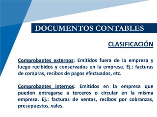 DOCUMENTOS CONTABLES

                                      CLASIFICACIÓN

Comprobantes externos: Emitidos fuera de la empresa y
luego recibidos y conservados en la empresa. Ej.: facturas
de compras, recibos de pagos efectuados, etc.

Comprobantes internos: Emitidos en la empresa que
pueden entregarse a terceros o circular en la misma
empresa. Ej.: facturas de ventas, recibos por cobranzas,
presupuestos, vales.
 