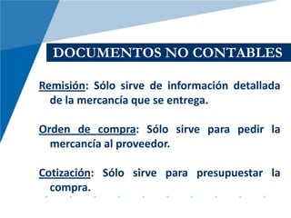 DOCUMENTOS NO CONTABLES

Remisión: Sólo sirve de información detallada
  de la mercancía que se entrega.

Orden de compra: Sólo sirve para pedir la
  mercancía al proveedor.

Cotización: Sólo sirve para presupuestar la
  compra.
 