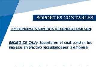 SOPORTES CONTABLES

 LOS PRINCIPALES SOPORTES DE CONTABILIDAD SON:


RECIBO DE CAJA: Soporte en el cual constan los
ingresos en efectivo recaudados por la empresa.
 