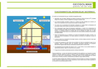 GEOSOLMAX                                       ©



                                                  geothermics and solar energy


     FUNCIONAMIENTO DEL SISTEMA SOLAR - GEOTÉRMICO


En cuanto a su funcionamiento hay que comentar los siguientes puntos:

     Absorbedor solar del tejado: Mediante las tuberías de absorción hechas de tubos de PP y situadas
     debajo de la cubierta, se utiliza la totalidad de la energía de radiación solar.

     Los circuitos del tejado convergen a través de un colector que está conectado por el avance y el
     retorno con el distribuidor de los circuitos del acumulador de materia sólida.

     Tan pronto como la temperatura del absorbedor sobrepase en 2 grados Kelvin la temperatura del
     acumulador situado más al exterior se activará una bomba de circulación.

     Por la alimentación según áreas de temperatura establecidas y a través de los distribuidores de
     válvula termostática que dirigen de forma selectiva, se garantiza que incluso el poco calor del sol del
     invierno, o la ganancia adicional de energía solar de las superficies del tejado que no estén
     orientadas exclusivamente hacia el sur se aprovechen del circuito periférico alrededor del acumulador
     de materias sólidas.

     Según las temperaturas que se necesiten en el avance del absorbedor del tejado, se abren o se
     cierran las válvulas termostáticas y de manera selectiva se alimentan los respectivos circuitos de
     alimentación.

     La placa de base de la cimentación de hormigón armado y el terreno debajo acumulan el calor solar
     con el cual han sido alimentados.

     A través del recuperador de calor dentro del acumulador del núcleo se precalienta el agua de uso
     doméstico, antes de calentarla dentro del calentador permanente (calentador de circulación)
     térmicamente regulado hasta alcanzar la temperatura necesaria para el consumo final.

     Con temperaturas del acumulador del núcleo de +35 º C como mínimo, no es a penas necesario un
     calentamiento posterior, según las costumbres de los usuarios.

     El agua de uso doméstico precalentada podrá ser utilizada directamente.


Ganancia geotérmica.- La casa como elemento de recogida de calor geotérmico cuyo transporte se realiza
mediante un pequeño sistema de bombeo en distintos circuitos que adquieren energía de la cubierta, la
difunden en el suelo para su almacenamiento, la distribuyen sobre los muros estableciendo una barrera
térmica entre la vivienda y el entorno o directamente pre-calientan el agua caliente sanitaria.

Un segundo sistema utilizado para ventilación acondiciona el aire de entrada a la vivienda a la temperatura
idónea, recuperando mediante tubos de acero concéntricos el calor residual del aire interior expulsado en
su renovación con una eficacia superior al 90%.




                                                                                                      03
 
