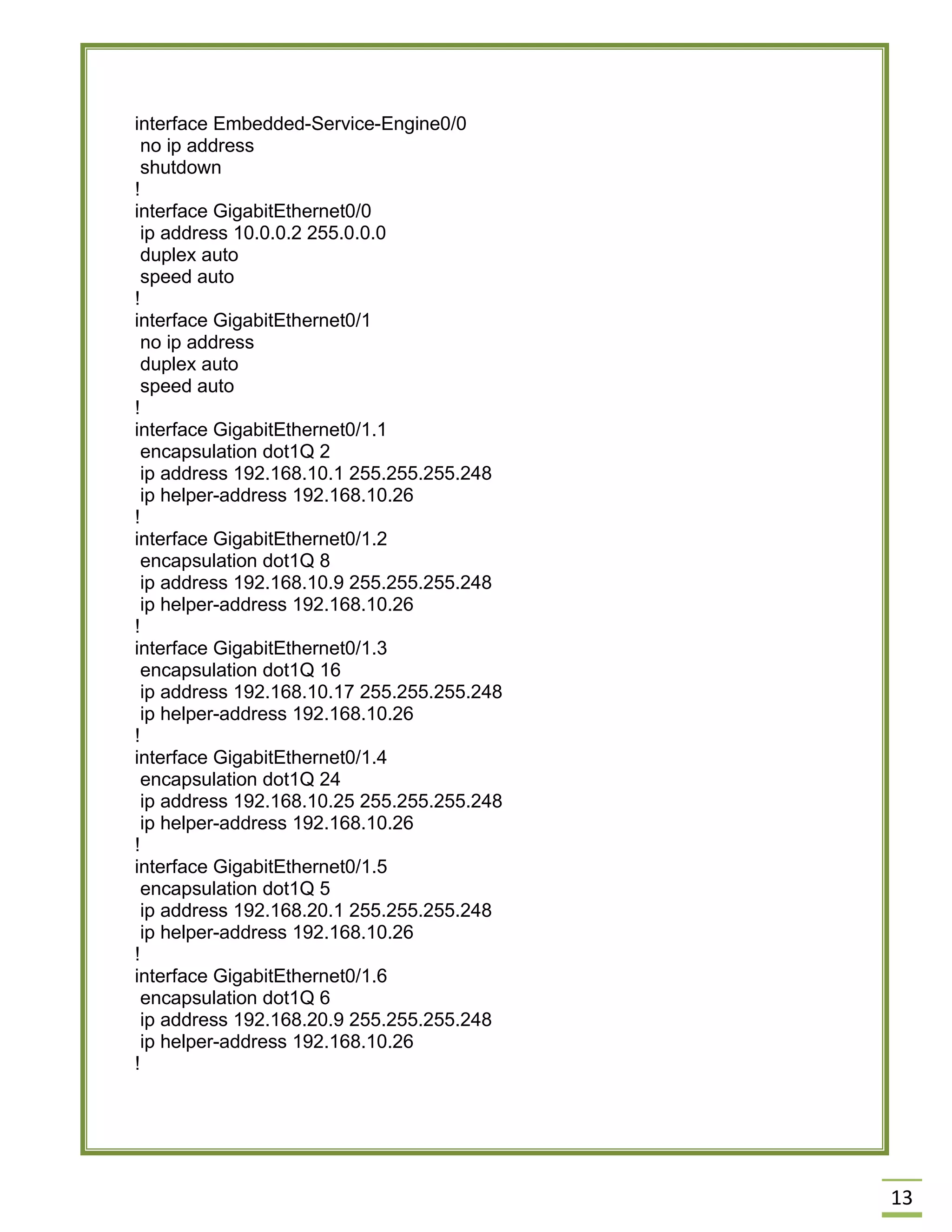 13 
interface Embedded-Service-Engine0/0 
no ip address 
shutdown 
! 
interface GigabitEthernet0/0 
ip address 10.0.0.2 255.0.0.0 
duplex auto 
speed auto 
! 
interface GigabitEthernet0/1 
no ip address 
duplex auto 
speed auto 
! 
interface GigabitEthernet0/1.1 
encapsulation dot1Q 2 
ip address 192.168.10.1 255.255.255.248 
ip helper-address 192.168.10.26 
! 
interface GigabitEthernet0/1.2 
encapsulation dot1Q 8 
ip address 192.168.10.9 255.255.255.248 
ip helper-address 192.168.10.26 
! 
interface GigabitEthernet0/1.3 
encapsulation dot1Q 16 
ip address 192.168.10.17 255.255.255.248 
ip helper-address 192.168.10.26 
! 
interface GigabitEthernet0/1.4 
encapsulation dot1Q 24 
ip address 192.168.10.25 255.255.255.248 
ip helper-address 192.168.10.26 
! 
interface GigabitEthernet0/1.5 
encapsulation dot1Q 5 
ip address 192.168.20.1 255.255.255.248 
ip helper-address 192.168.10.26 
! 
interface GigabitEthernet0/1.6 
encapsulation dot1Q 6 
ip address 192.168.20.9 255.255.255.248 
ip helper-address 192.168.10.26 
! 
 