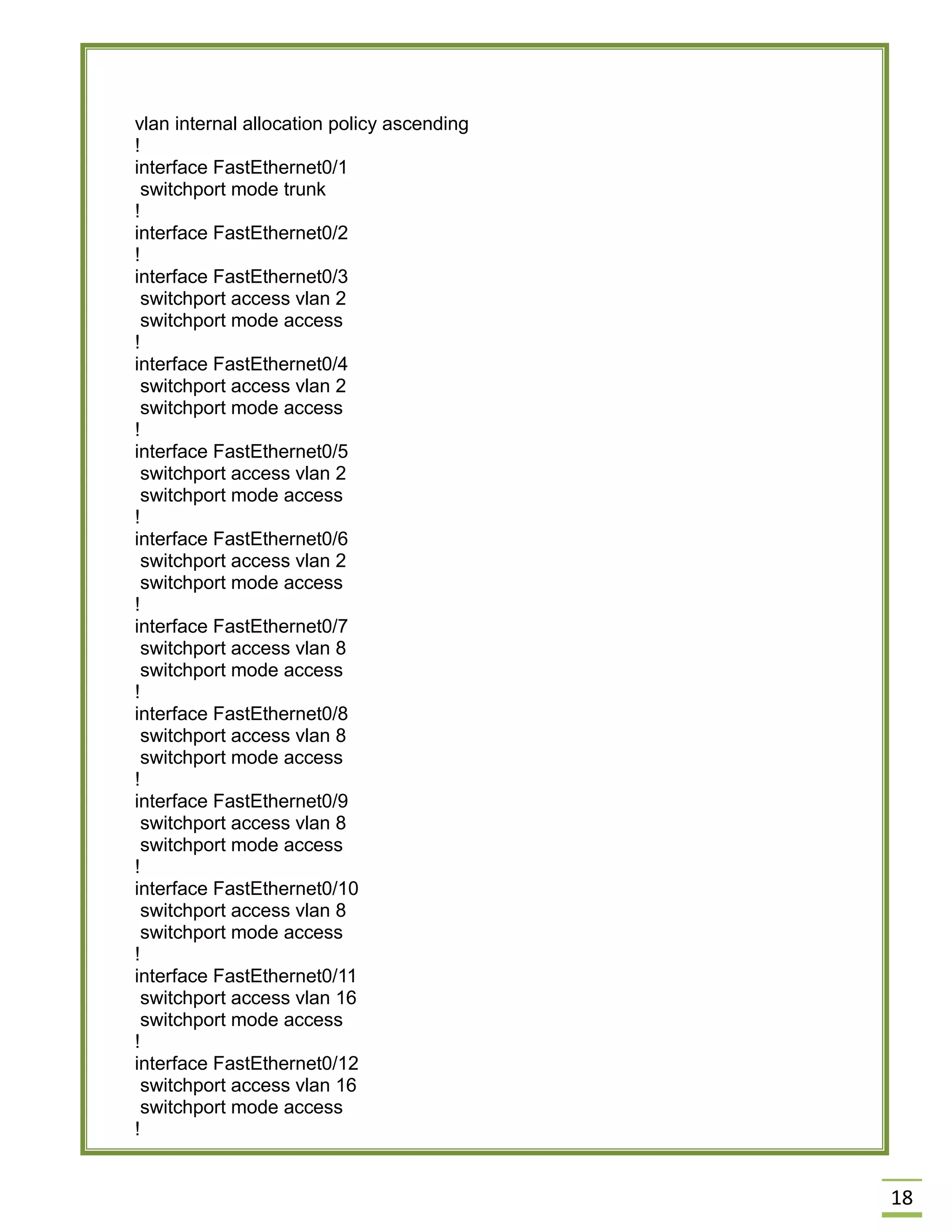 18 
vlan internal allocation policy ascending 
! 
interface FastEthernet0/1 
switchport mode trunk 
! 
interface FastEthernet0/2 
! 
interface FastEthernet0/3 
switchport access vlan 2 
switchport mode access 
! 
interface FastEthernet0/4 
switchport access vlan 2 
switchport mode access 
! 
interface FastEthernet0/5 
switchport access vlan 2 
switchport mode access 
! 
interface FastEthernet0/6 
switchport access vlan 2 
switchport mode access 
! 
interface FastEthernet0/7 
switchport access vlan 8 
switchport mode access 
! 
interface FastEthernet0/8 
switchport access vlan 8 
switchport mode access 
! 
interface FastEthernet0/9 
switchport access vlan 8 
switchport mode access 
! 
interface FastEthernet0/10 
switchport access vlan 8 
switchport mode access 
! 
interface FastEthernet0/11 
switchport access vlan 16 
switchport mode access 
! 
interface FastEthernet0/12 
switchport access vlan 16 
switchport mode access 
!  