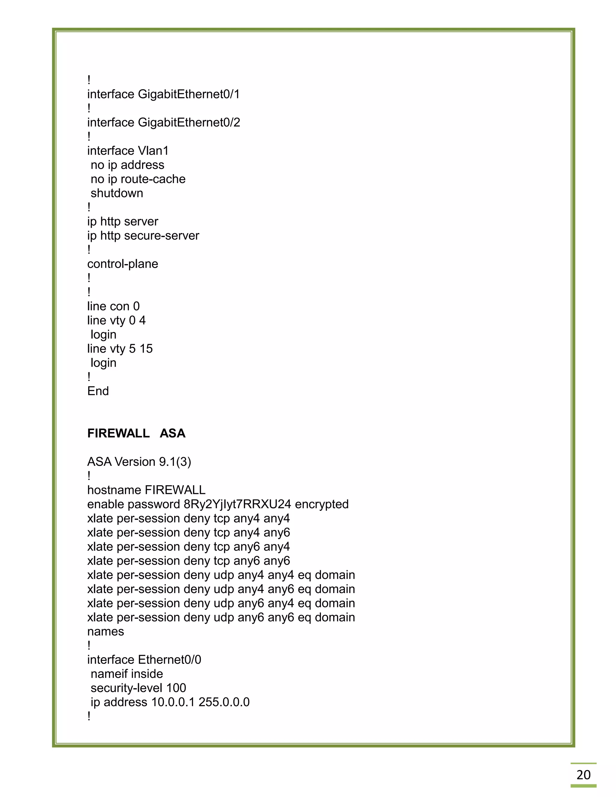 20 
! 
interface GigabitEthernet0/1 
! 
interface GigabitEthernet0/2 
! 
interface Vlan1 
no ip address 
no ip route-cache 
shutdown 
! 
ip http server 
ip http secure-server 
! 
control-plane 
! 
! 
line con 0 
line vty 0 4 
login 
line vty 5 15 
login 
! 
End 
FIREWALL ASA 
ASA Version 9.1(3) 
! 
hostname FIREWALL 
enable password 8Ry2YjIyt7RRXU24 encrypted 
xlate per-session deny tcp any4 any4 
xlate per-session deny tcp any4 any6 
xlate per-session deny tcp any6 any4 
xlate per-session deny tcp any6 any6 
xlate per-session deny udp any4 any4 eq domain 
xlate per-session deny udp any4 any6 eq domain 
xlate per-session deny udp any6 any4 eq domain 
xlate per-session deny udp any6 any6 eq domain 
names 
! 
interface Ethernet0/0 
nameif inside 
security-level 100 
ip address 10.0.0.1 255.0.0.0 
! 
 