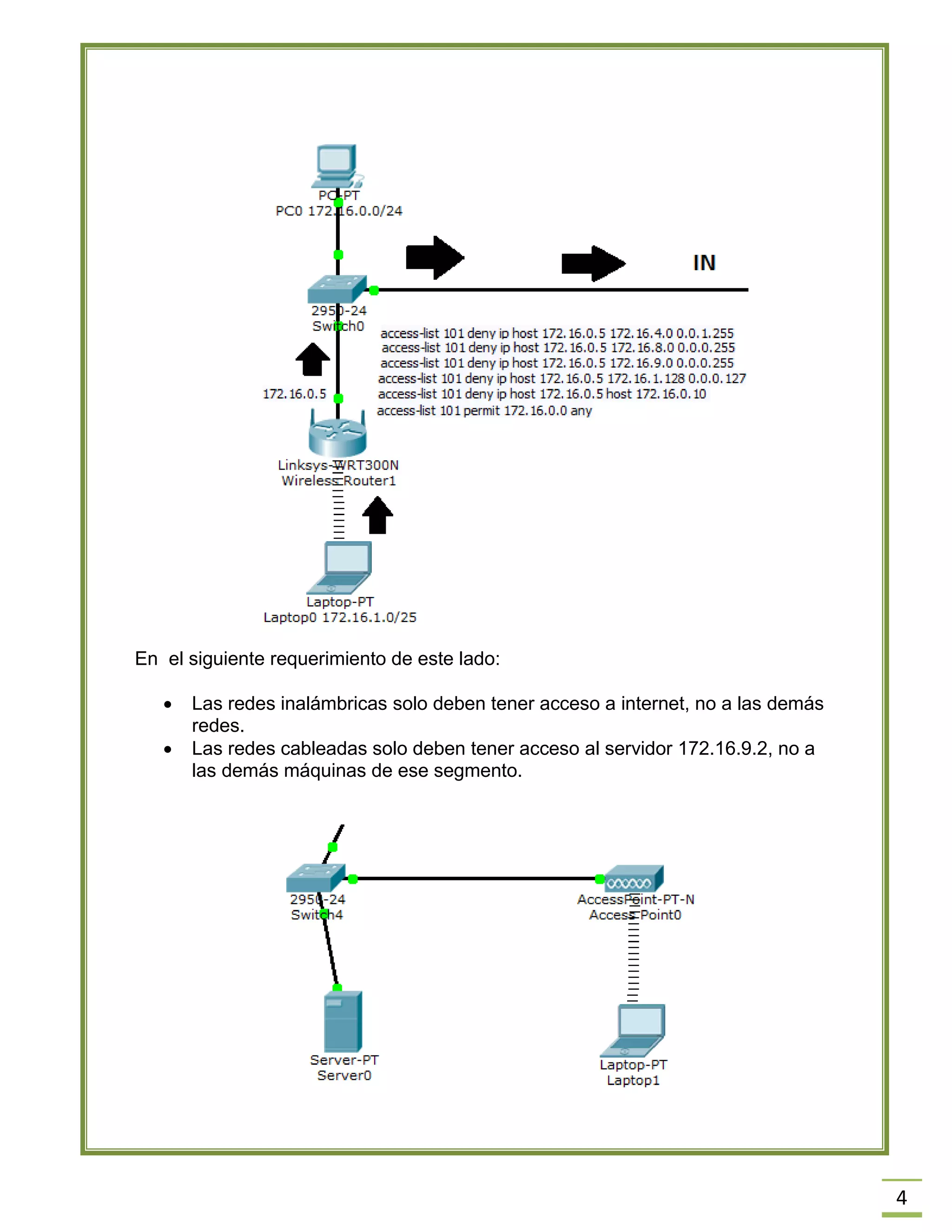 4 
En el siguiente requerimiento de este lado: 
 Las redes inalámbricas solo deben tener acceso a internet, no a las demás redes. 
 Las redes cableadas solo deben tener acceso al servidor 172.16.9.2, no a las demás máquinas de ese segmento. 
 