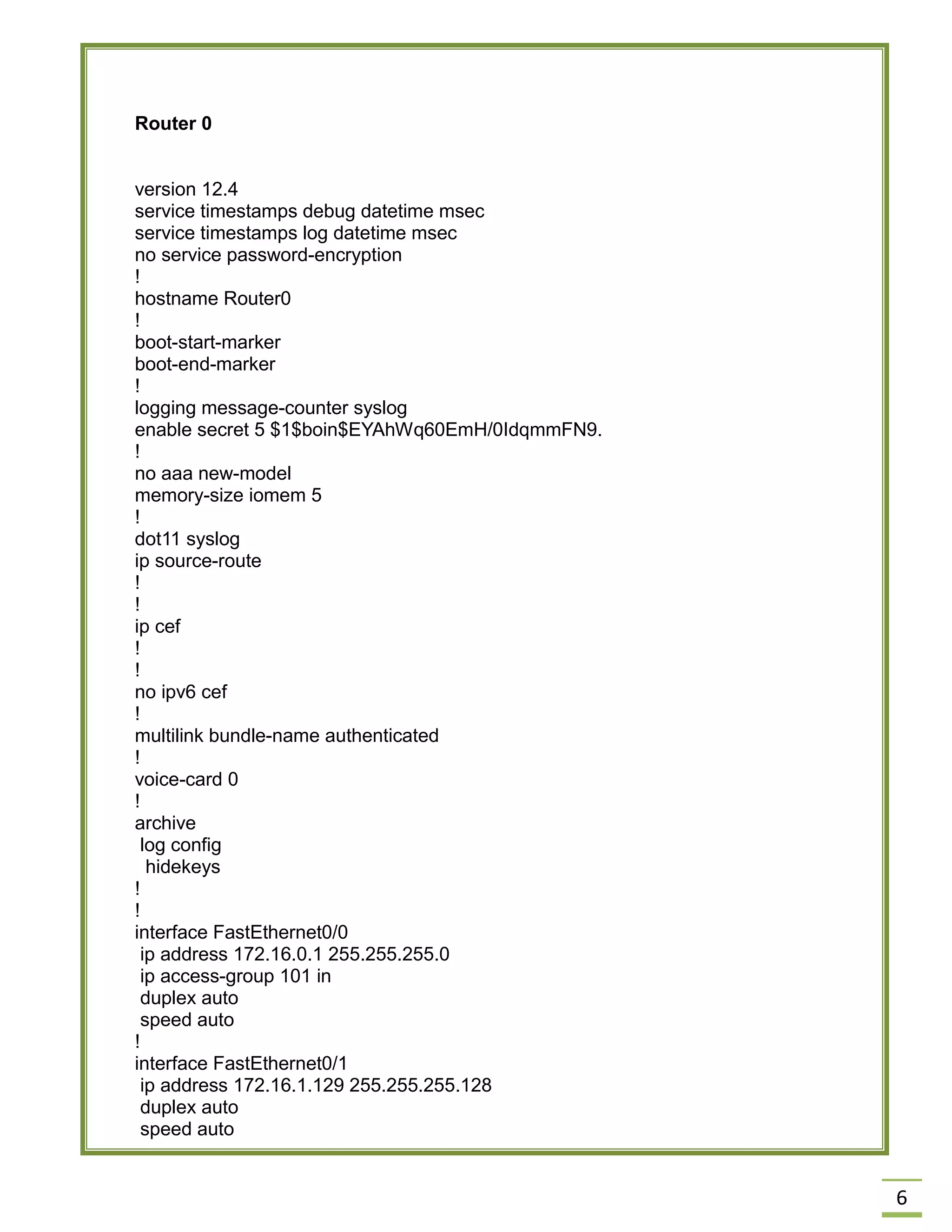 6 
Router 0 
version 12.4 
service timestamps debug datetime msec 
service timestamps log datetime msec 
no service password-encryption 
! 
hostname Router0 
! 
boot-start-marker 
boot-end-marker 
! 
logging message-counter syslog 
enable secret 5 $1$boin$EYAhWq60EmH/0IdqmmFN9. 
! 
no aaa new-model 
memory-size iomem 5 
! 
dot11 syslog 
ip source-route 
! 
! 
ip cef 
! 
! 
no ipv6 cef 
! 
multilink bundle-name authenticated 
! 
voice-card 0 
! 
archive 
log config 
hidekeys 
! 
! 
interface FastEthernet0/0 
ip address 172.16.0.1 255.255.255.0 
ip access-group 101 in 
duplex auto 
speed auto 
! 
interface FastEthernet0/1 
ip address 172.16.1.129 255.255.255.128 
duplex auto 
speed auto  
