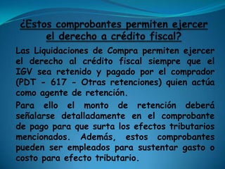 LIQUIDACIÓN DE COMPRALa Liquidación de Compra es un documento que acredita las adquisiciones que efectúen las personas naturales o jurídicas, sociedades conyugales, sucesiones indivisas, sociedades de hecho y otros entes colectivos a productos y/o acopiadoras (Persona Natural) de productos primarios derivados de la actividad agropecuaria y pesca artesanal, de productos silvestres, minería. Siempre que éstas (reiteramos, personas naturales) no otorguen comprobante de pago por estar imposibilitados de obtener número de RUC.