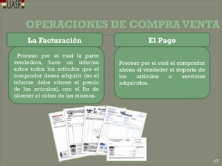 OPERACIONES DE COMPRAVENTA
La Facturación El Pago
Proceso por el cual la parte
vendedora, hace un informe
sobre todos los artículos que el
comprador desea adquirir (en el
informe debe citarse el precio
de los artículos), con el fin de
obtener el cobro de los mismos.
Proceso por el cual el comprador
abona al vendedor el importe de
los artículos o servicios
adquiridos.
17
 