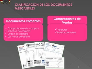 CLASIFICACIÓN DE LOS DOCUMENTOS
MERCANTILES
Documentos corrientes
Comprobantes de
Ventas
• Comprobantes de compras
• Solicitud de compra
• Orden de compra
• Las notas de débito
 Facturas
Boletas de venta
3
 