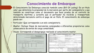 Conocimiento de Embarque
 El Conocimiento De Embarque conocido también como (Bill Of Lading): Es un título
valor que determina la propiedad de la mercancía por parte del consignatario y que
también se constituye como el documento que hace prueba de un contrato de
transporte marítimo y acredita que el porteador ha recibido y transportado
determinada mercancía contra el pago de un flete. El conocimiento de embarque
puede ser:
 Particular: Que corresponde a un solo consignatario.
 Master: Incluye líneas de mercancías consignadas a diferentes propietarios como
consecuencia de envíos de carga consolidada.
 House: Corresponde al desagrupaje realizado al conocimiento master.
 