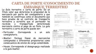 CARTA DE PORTE (CONOCIMIENTO DE
EMBARQUE TERRESTRE)
La Guía terrestre o carta de porte: Es un
título valor que determina la propiedad de la
mercancía por parte del consignatario y que
también se constituye como el documento que
hace prueba de un contrato de transporte
terrestre y acredita que el porteador ha
recibido y transportado determinada
mercancía contra el pago de un flete. La guía
terrestre o carta de porte puede ser:
 Particular: Corresponde a un solo
consignatario.
 Master: Incluye líneas de mercancías
consignadas a diferentes propietarios como
consecuencia de envíos de carga consolidada.
 House: Corresponde al desagrupaje realizado
a la guía master.
 