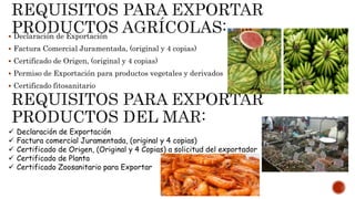  Declaración de Exportación
 Factura Comercial Juramentada, (original y 4 copias)
 Certificado de Origen, (original y 4 copias)
 Permiso de Exportación para productos vegetales y derivados
 Certificado fitosanitario
 Declaración de Exportación
 Factura comercial Juramentada, (original y 4 copias)
 Certificado de Origen, (Original y 4 Copias) a solicitud del exportador
 Certificado de Planta
 Certificado Zoosanitario para Exportar
 