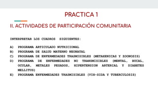 PRACTICA 1
INTERPRETAR LOS CUADROS SIGUIENTES:
A) PROGRAMA ARTICULADO NUTRICIONAL
B) PROGRAMA DE SALUD MATERNO NEONATAL
C) PROGRAMA DE ENFERMEDADES TRASMISIBLES (METAXENICAS Y ZOONOSIS)
D) PROGRAMA DE ENFERMEDADES NO TRANSMISIBLES (MENTAL, BUCAL,
OCULAR, METALES PESADOS, HIPERTENSION ARTERIAL Y DIABETES
MELLITUS)
E) PROGRAMA ENFERMEDADES TRASMISIBLES (VIH-SIDA Y TUBERCULOSIS)
II. ACTIVIDADES DE PARTICIPACIÓN COMUNITARIA
 