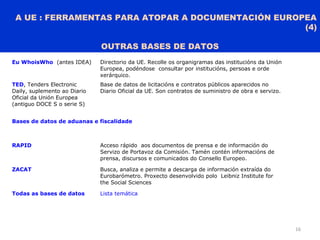 A UE : FERRAMENTAS PARA ATOPAR A DOCUMENTACIÓN EUROPEA
(4)
OUTRAS BASES DE DATOS
16
Eu WhoisWho (antes IDEA) Directorio da UE. Recolle os organigramas das institucións da Unión
Europea, podéndose consultar por institucións, persoas e orde
xerárquico.
TED, Tenders Electronic
Daily, suplemento ao Diario
Oficial da Unión Europea
(antiguo DOCE S o serie S)
Base de datos de licitacións e contratos públicos aparecidos no
Diario Oficial da UE. Son contratos de suministro de obra e servizo.
Bases de datos de aduanas e fiscalidade
RAPID Acceso rápido aos documentos de prensa e de información do
Servizo de Portavoz da Comisión. Tamén contén informacións de
prensa, discursos e comunicados do Consello Europeo.
ZACAT Busca, analiza e permite a descarga de información extraída do
Eurobarómetro. Proxecto desenvolvido polo Leibniz Institute for
the Social Sciences
Todas as bases de datos Lista temática
 