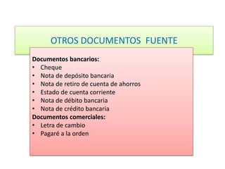OTROS DOCUMENTOS FUENTE
Documentos bancarios:
• Cheque
• Nota de depósito bancaria
• Nota de retiro de cuenta de ahorros
• Estado de cuenta corriente
• Nota de débito bancaria
• Nota de crédito bancaria
Documentos comerciales:
• Letra de cambio
• Pagaré a la orden
 