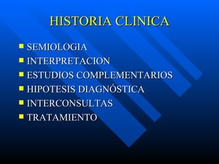 HISTORIA CLINICA SEMIOLOGIA INTERPRETACION ESTUDIOS COMPLEMENTARIOS HIPOTESIS DIAGNÓSTICA INTERCONSULTAS TRATAMIENTO 