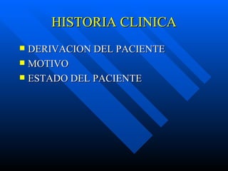 HISTORIA CLINICA DERIVACION DEL PACIENTE MOTIVO ESTADO DEL PACIENTE 