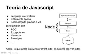 Teoría de Javascript
●
●
●

Lenguaje interpretado
Débilmente tipado
Sobrecargado gracias a V8

pero también con
●
●
●
●
●

POO
Excepciones
Herencia
Prototipos
…

Ahora, lo que antes era window (front-side) es runtime (server-side)

 