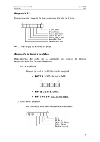 Funcionamiento de la tarjeta SD.                                      Versión 0.0.1
GEDA 2005                                                                     2005


Respuesta R1.

Respuesta a la mayoría de los comandos. Consta de 1 byte:




Un ‘1’ indica que ha habido un error.


Respuesta de lectura de datos.

Dependiendo del éxito de la operación de lectura, la tarjeta
responderá de dos formas diferentes:

     1. Lectura exitosa.

                     Bloque de n=4 a n=515 bytes de longitud:

                               •   BYTE 1 (MSB). Siempre 0xFE.




                               •   BYTES 2 a n-2. Datos.

                               •   BYTE n-1 y n. CRC de los datos.

     2. Error en el proceso.

                     Un solo byte, con valor dependiente del error:




                                                                                 4
 
