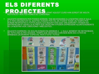 ELS DIFERENTS
PROJECTES ELS PROJECTES QUE ESTAM DESENVOLUPANT AQUEST CURS HAN SORGIT DE MOLTAELS PROJECTES QUE ESTAM DESENVOLUPANT AQUEST CURS HAN SORGIT DE MOLTA
MOTIVACIÓ I MOLTES HORES DE CONVERSA.MOTIVACIÓ I MOLTES HORES DE CONVERSA.
 AQUESTS MOMENTS PER PODER XERRAR, TAN NECESSARIS A LA NOSTRA VIDA D’ AULA,AQUESTS MOMENTS PER PODER XERRAR, TAN NECESSARIS A LA NOSTRA VIDA D’ AULA,
ELS HEM ORGANITZAT AL NOSTRE HORARI PER TAL DE PODER TENIR UN TEMPS PERELS HEM ORGANITZAT AL NOSTRE HORARI PER TAL DE PODER TENIR UN TEMPS PER
DONAR RESPOSTES A TOTES AQUELLES INQUIETUDS QUE VAN SORGINT I PODER-HODONAR RESPOSTES A TOTES AQUELLES INQUIETUDS QUE VAN SORGINT I PODER-HO
DIFERENCIAR D’ AQUELLS ALTRES QUE DEDICAM A PODER EXPRESSAR ACONTEIXEMENTSDIFERENCIAR D’ AQUELLS ALTRES QUE DEDICAM A PODER EXPRESSAR ACONTEIXEMENTS
DE LA NOSTRA VIDA, EMOCIONS I ANÈCDOTES…DE LA NOSTRA VIDA, EMOCIONS I ANÈCDOTES…
 AQUESTS DARRERS, ES SOLEN DONAR EN ARRIBAR A L’ AULA, MOMENT DE RETROBADAAQUESTS DARRERS, ES SOLEN DONAR EN ARRIBAR A L’ AULA, MOMENT DE RETROBADA
DE TOTS UNA ALTRA VEGADA, TEMPS QUE DEDICAM A DIR-NOS BON DIA I A FER DE L’DE TOTS UNA ALTRA VEGADA, TEMPS QUE DEDICAM A DIR-NOS BON DIA I A FER DE L’
ARRIBADA UN MOMENT ESPECIAL PER A TOTS I TOTES.ARRIBADA UN MOMENT ESPECIAL PER A TOTS I TOTES.
 