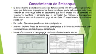 Conocimiento de Embarque
 El Conocimiento De Embarque conocido también como (Bill Of Lading): Es un título
valor que determina la propiedad de la mercancía por parte del consignatario y que
también se constituye como el documento que hace prueba de un contrato de
transporte marítimo y acredita que el porteador ha recibido y transportado
determinada mercancía contra el pago de un flete. El conocimiento de embarque
puede ser:
✓ Particular: Que corresponde a un solo consignatario.
✓ Master: Incluye líneas de mercancías consignadas a diferentes propietarios como
consecuencia de envíos de carga consolidada.
✓ House: Corresponde al desagrupaje realizado al conocimiento master.
 