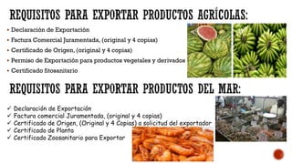 ▪ Declaración de Exportación
▪ Factura Comercial Juramentada, (original y 4 copias)
▪ Certificado de Origen, (original y 4 copias)
▪ Permiso de Exportación para productos vegetales y derivados
▪ Certificado fitosanitario
✓ Declaración de Exportación
✓ Factura comercial Juramentada, (original y 4 copias)
✓ Certificado de Origen, (Original y 4 Copias) a solicitud del exportador
✓ Certificado de Planta
✓ Certificado Zoosanitario para Exportar
 