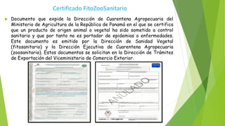 Certificado FitoZooSanitario
 Documento que expide la Dirección de Cuarentena Agropecuaria del
Ministerio de Agricultura de la República de Panamá en el que se certifica
que un producto de origen animal o vegetal ha sido sometido a control
sanitario y que por tanto no es portador de epidemias o enfermedades.
Este documento es emitido por la Dirección de Sanidad Vegetal
(fitosanitario) y la Dirección Ejecutiva de Cuarentena Agropecuaria
(zoosanitario). Estos documentos se solicitan en la Dirección de Trámites
de Exportación del Viceministerio de Comercio Exterior.
 