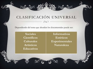 CLASIFICACIÓN UNIVERSAL
Dependiendo del tema que aborden los documentales puede ser:
Sociales
Científicos
Culturales
Artísticos
Educativos
Informativos
Estéticos
Experimentales
Naturaleza
 