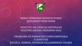 MARIA FERNANDA AGUDELO DUQUE
REFLEXION VIDEO HOME
DIDÁCTICA DE CIENCIAS NATURALES
MAESTRO ASESOR: FERNANDO DIAZ
PROGRAMA DE FORMACIÓN COMPLEMENTARIA
II SEMESTRE
ESCUELA NORMAL SUPERIOR VILLAHERMOSA TOLIMA
 