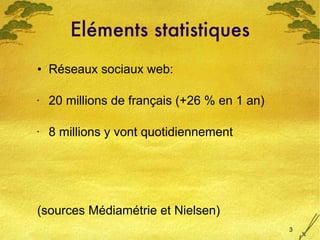 Eléments statistiques <ul><li>Réseaux sociaux web: </li></ul><ul><li>20 millions de français (+26 % en 1 an)‏ </li></ul><u...