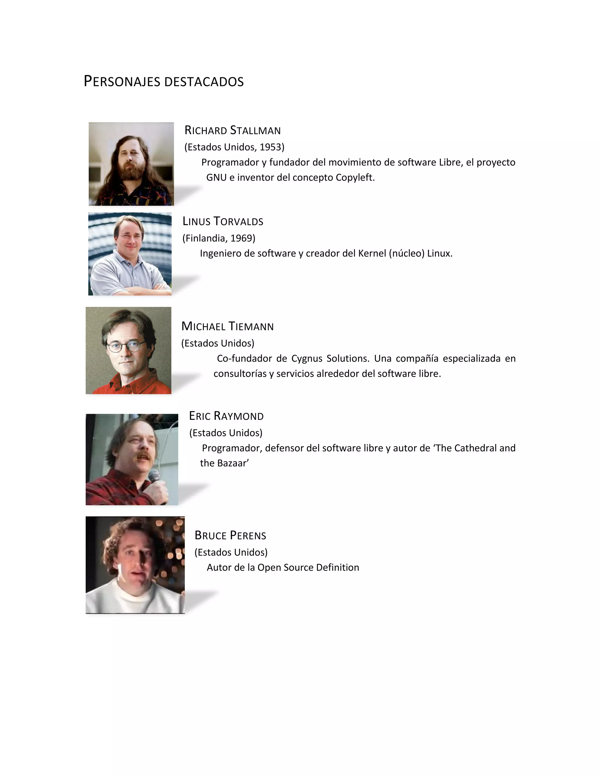 PERSONAJES DESTACADOS

             RICHARD STALLMAN
             (Estados Unidos, 1953)
                 Programador y fundador del movimiento de software Libre, el proyecto
                  GNU e inventor del concepto Copyleft.



            LINUS TORVALDS
            (Finlandia, 1969)
                 Ingeniero de software y creador del Kernel (núcleo) Linux.




            MICHAEL TIEMANN
            (Estados Unidos)
                    Co-fundador de Cygnus Solutions. Una compañía especializada en
                   consultorías y servicios alrededor del software libre.


             ERIC RAYMOND
              (Estados Unidos)
                  Programador, defensor del software libre y autor de ‘The Cathedral and
                 the Bazaar’




               BRUCE PERENS
               (Estados Unidos)
                  Autor de la Open Source Definition
 