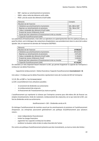 Gestion financière – Marine PORTAL 
19 
‐ RAP : reprises sur amortissements et provisions 
‐ VNEA : valeur nette des éléments actifs cédés 
‐ PCEA : prix de cession des éléments d’actif cédés 
Éléments  Comptes 
Résultat net de l’exercice 
+ Dotations aux amortissements et provisions 681, 686 et 687 
‐ Reprises sur amortissements et provisions 781, 786 et 787 
+ Valeur comptable des éléments d’actif cédés 675 
‐ Produit de cession d’éléments d’actif 775 
‐ Quote‐part des subventions d’investissement virée au résultat 777 
= Capacité d’autofinancement (CAF)
Les subventions d’investissement, c’est à dire sur opérations en capital (présentes dans les capitaux propres, au 
passif du bilan), sont à distinguer des subventions d’exploitation vues précédemment dans le calcul de la valeur 
ajoutée. Soit, en reprenant les données de l’entreprise EXOTROIS : 
Éléments   
Résultat net de l’exercice  19 900,00 
+ Dotations aux amortissements et provisions 28 624,00 
‐ Reprises sur amortissements et provisions ‐ 3 071,00 
+ Valeur comptable des éléments d’actif cédés 5 130,00 
‐ Produit de cession d’éléments d’actif ‐ 3 420,00 
‐ Quote‐part des subventions d’investissement virée au résultat 0,00 
= Capacité d’autofinancement (CAF) 47 163,00 
On retiendra un ratio important faisant intervenir la CAF, qui permet d’apprécier la capacité de l’entreprise à 
rembourser ses dettes financières : 
Capacité de remboursement = Dettes financières / Capacité d’autofinancement (normalement < 4) 
Une valeur < 4 indique que les dettes financières représentent moins de 4 années de CAF de l’entreprise 
1.3.3. DE LA CAF A L’AUTOFINANCEMENT 
La CAF a essentiellement trois utilisations possibles : 
‐ ‐le versement de dividendes aux actionnaires 
‐ ‐le remboursement des emprunts 
‐ ‐le financement de l’investissement (au moins en partie) 
L’autofinancement qui représente la richesse que l’entreprise conserve pour elle‐même afin de financer ses 
emplois (investissements, fonds de roulement, remboursement des emprunts), est ce qui reste de la CAF, une 
fois les dividendes versés aux actionnaires. 
Autofinancement = CAF – Dividendes versés en N 
On distingue l’autofinancement de maintien assuré par les amortissements et provisions et l’autofinancement 
d’expansion.  Les  entreprises  poursuivent  généralement  une  politique  d’autofinancement  pour  plusieurs 
raisons : 
‐ rester indépendantes financièrement 
‐ limiter les charges financières 
‐ augmenter leur capacité à rembourser les dettes 
‐ améliorer la situation nette et donc la valeur boursière de l’action 
Par contre une politique d’autofinancement présente aussi des inconvénients, ou tout au moins des limites : 
 