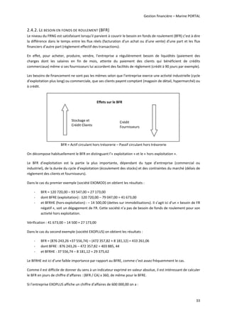 Gestion financière – Marine PORTAL 
33 
2.4.2. LE BESOIN EN FONDS DE ROULEMENT (BFR) 
Le niveau du FRNG est satisfaisant lorsqu’il parvient à couvrir le besoin en fonds de roulement (BFR) c’est à dire 
la différence dans le temps entre les flux réels (facturation d’un achat ou d’une vente) d’une part et les flux 
financiers d’autre part (règlement effectif des transactions).  
En  effet,  pour  acheter,  produire,  vendre,  l’entreprise  a  régulièrement  besoin  de  liquidités  (paiement  des 
charges  dont  les  salaires  en  fin  de  mois,  attente  du  paiement  des  clients  qui  bénéficient  de  crédits 
commerciaux) même si ses fournisseurs lui accordent des facilités de règlement (crédit à 90 jours par exemple). 
Les besoins de financement ne sont pas les mêmes selon que l’entreprise exerce une activité industrielle (cycle 
d’exploitation plus long) ou commerciale, que ses clients payent comptant (magasin de détail, hypermarché) ou 
à crédit.  
 
BFR = Actif circulant hors trésorerie – Passif circulant hors trésorerie 
On décompose habituellement le BFR en distinguant l’« exploitation » et le « hors exploitation ». 
Le  BFR  d’exploitation  est  la  partie  la  plus  importante,  dépendant  du  type  d’entreprise  (commercial  ou 
industriel), de la durée du cycle d’exploitation (écoulement des stocks) et des contraintes du marché (délais de 
règlement des clients et fournisseurs). 
Dans le cas du premier exemple (société EXOMOD) on obtient les résultats :  
‐ BFR = 120 720,00 – 93 547,00 = 27 173,00 
‐ dont BFRE (exploitation) : 120 720,00 – 79 047,00 = 41 673,00 
‐ et BFRHE (hors‐exploitation) : – 14 500,00 (dettes sur immobilisations). Il s’agit ici d’un « besoin de FR 
négatif », soit un dégagement de FR. Cette société n’a pas de besoin de fonds de roulement pour son 
activité hors exploitation. 
Vérification : 41 673,00 – 14 500 = 27 173,00 
Dans le cas du second exemple (société EXOPLUS) on obtient les résultats : 
‐ BFR = (876 243,26 +37 556,74) – (472 357,82 + 8 181,12) = 433 261,06 
‐ dont BFRE : 876 243,26 – 472 357,82 = 403 885, 44 
‐ et BFRHE : 37 556,74 – 8 181,12 = 29 375,62 
Le BFRHE est ici d’une faible importance par rapport au BFRE, comme c’est assez fréquemment le cas. 
Comme il est difficile de donner du sens à un indicateur exprimé en valeur absolue, il est intéressant de calculer 
le BFR en jours de chiffre d’affaires : (BFR / CA) x 360, de même pour le BFRE. 
Si l’entreprise EXOPLUS affiche un chiffre d’affaires de 600 000,00 on a : 
Stockage et 
Crédit Clients 
Crédit 
Fournisseurs
Effets sur le BFR 
 