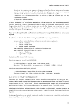 Gestion financière – Marine PORTAL 
35 
C’est le cas des entreprises qui supportent d’importants frais fixes (locaux, équipements…) engagés 
lors d’une période faste. En cas de repli de l’activité, l’entreprise doit faire face à une structure de 
coûts trop lourde. L’entreprise se retrouve surdimensionnée et sa trésorerie en pâtie. 
C’est  aussi  le  cas,  d’une  forte  dépendance  à  un  client  où  un  défaut  de  paiement  peut  avoir  des 
conséquences énormes. 
‐ La fragilité de la structure financière 
Le défaut de paiement n’est pas forcément le signe d’une crise de l’exploitation. Ainsi des entreprises peuvent 
connaître une crise de croissance. Une expansion rapide est source de difficultés de gestion, car il faut assurer 
l’augmentation  du  BFR.  Ce  problème  classique  est  nommé  effet  ciseaux.  Les  entreprises,  dans  cette 
configuration,  économiquement  saine  mais  financièrement  fragile,  doivent  trouver  des  investisseurs  pour 
reconstituer les grands équilibres financiers. 
Nous  voyons  donc  qu’il  n’existe  pas  forcément  de  relation  entre  la  capacité  bénéficiaire  et  le  niveau  de 
liquidités. 
Le redressement d’une situation de trésorerie négative (déficit de trésorerie) peut s’obtenir : 
‐ par une meilleure gestion des facteurs du besoin en fonds de roulement, à savoir : 
o La durée du stockage 
o La durée du crédit clients 
o La durée du crédit fournisseurs 
‐ ‐par un apport de fonds à court terme, à savoir un concours bancaire 
‐ ‐par un apport de fonds à plus long terme, à savoir : 
o Emprunt à plus d’un an 
o Augmentation de capital 
Illustration chiffrée du calcul de la trésorerie : 
Dans le cas du premier exemple (société EXOMOD) 
‐ La trésorerie nette = FR – BFR = 41 515,00 – 27 173,00 = 14 342,00 
‐ Ou encore : VMP + Disponibilités – Concours bancaires = 17 342,00 – 3 000,00 = 14 342,00 
Dans le cas du second exemple (société EXOPLUS) 
‐ La trésorerie nette = FR – BFR = 110 755,00 ‐ 433 261,06 = ‐ 322 506,04 
‐ Ou encore Trésorerie actif – Trésorerie passif = 18 119,23 – 340 625,28 = ‐ 322 506,05 
2.5. RATIOS DE STRUCTURE ET DE LIQUIDITE 
On appelle ratio, le rapport entre deux valeurs, exprimé en nombre, en pourcentage, en durée (jours, mois, 
années). C’est un moyen d’appréciation des performances de l’entreprise par rapport à elle‐même au cours du 
temps,  ainsi  que  vis‐à‐vis  d’autres  firmes.  Il  convient néanmoins de  rester  prudent dans  leur  interprétation 
parfois trop synthétique si l’on n’a pas accès à la moyenne des valeurs du secteur d’activité de la firme.  
Il est souvent nécessaire de rapprocher plusieurs ratios entre eux afin d’obtenir une vision plus affinée de la 
situation financière. Ces ratios comparent les grandes masses d’un bilan fonctionnel ou d’un bilan financier (de 
liquidité). 
On distingue habituellement les ratios de structure, de liquidité, de rotation et de rentabilité. La problématique 
de la rentabilité sera vue dans le chapitre 4. 
 