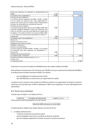 Gestion financière – Marine PORTAL 
46 
partie  des  ressources  est  consacrée  au  remboursement  des 
dettes.  1 400 
A. Variation nette « Exploitation »  23 400  0  ‐ 23 400 
Variation des autres débiteurs 
Les créances diverses augmentent de 4000 (= 18 000 – 14 000), 
« A‐t‐on  besoin  de  ressources  pour  cette  augmentation ? » 
réponse Oui. Comme pour les créances clients, l’augmentation 
du poste n’a été possible qu’en se privant de resources. 
Variation des autres créditeurs 
La variation du poste dettes diverses est de 44600 à 4000. Mais 
attention, 40 000 de dividendes à payer aux actionnaires sont 
inclus au 31/12/N‐1, que nous avons déjà pris en compte dans 
le tableau 1. De ce fait la variation ne sera que de 4600 à 4000. 
« A‐t‐on besoin de ressources pour faire baisser les dettes ? » ‐ 
réponse Oui 
4 000
600 
   
B. Variation nette « hors exploitation »  4 600  0  ‐ 4 600 
Total A + B 
Besoin de l’exercice en FR (‐) 
Dégagement de l’exercice en FR(+) 
   
‐ 28 000 
Variation « Trésorerie » 
Variation des disponibilités 
Ce poste augmente de 4000 (=40 000 – 36 000), « A‐t‐on besoin 
de  ressources  pour  faire  augmenter  les  disponibilités ? »  ‐ 
réponse Oui 
Variation des concours bancaires  
4 000
0 
   
C. Variation nette « Trésorerie »  4 000  0  ‐ 4 000 
Variation du fonds de roulement (total A + B + C) 
Emploi net (‐) 
 ou Ressource nette 
   
‐ 32 000 
 
Finalement, les ressources durables de 446 000 financent des emplois stables de 414 000. 
Cette politique d’investissement de l’entreprise pour 368 000, ainsi que le paiement des dividendes (40 000) et 
le remboursement de dettes financières (6 000), s’est réalisée : 
‐ pour 214 000 grâce à l’autofinancement (la CAF)  
‐ pour 200 000 grâce aux actionnaires, par augmentation du capital. 
L’excédent est une ressource nette durable de 32 000 qui constitue une augmentation du fonds de roulement, 
utilisée par le bas du bilan pour 23 400 à l’exploitation, 4 600 en hors exploitation, le reste 4 000 augmente les 
disponibilités. 
3.3. POUR VOUS ENTRAINER  
A étudier dans le chapitre « Les tableaux de flux » : 
Exercice 8  Le tableau de financement Sujets 1, 2, 3, 4
Pensez aussi aux exercices proposés sur le site internet. 
Extrait du QCM à retrouver sur le site Web 
A chaque question, indiquez avec quelles réponses vous êtes d’accord : 
1. Le tableau de financement : 
‐ s’intéresse uniquement aux postes du passif 
‐ permet d’expliquer entre autre, la variation du fonds de roulement 
‐ permet d’expliquer également la variation du besoin en fonds de roulement  
 