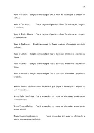 25



Busca de Médicos:       Função responsável por fazer a busca das informações a respeito dos
médicos


Busca de Ocorrência:           Função responsável por fazer a busca das informações a respeito
da ocorrência.


Busca de Roteiro Viatura:      Função responsável por fazer a busca das informações a respeito
do roteiro viatura.


Busca de Telefonista:       Função responsável por fazer a busca das informações a respeito do
telefonista.


Busca de Viatura:       Função responsável por fazer a busca das informações a respeito da
viatura.


Busca de Vítima:        Função responsável por fazer a busca das informações a respeito da
vítima.


Busca de Voluntário: Função responsável por fazer a busca das informações a respeito do
voluntário.




Deletar Controle Ocorrência: Função responsável por apagar as informações a respeito do
controle ocorrência.


Deletar Dados Biométricos: Função responsável por apagar as informações a respeito dos
dados biométricos.


Deletar Exames Médicos:        Função responsável por apagar as informações a respeito dos
exames médicos.


Deletar Exames Odontológicos:              Função responsável por apagar as informações a
respeito dos exames odontológicos.
 