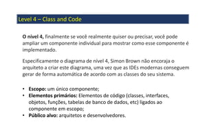 Level 4 – Class and Code
O nível 4, finalmente se você realmente quiser ou precisar, você pode
ampliar um componente individual para mostrar como esse componente é
implementado.
Especificamente o diagrama de nível 4, Simon Brown não encoraja o
arquiteto a criar este diagrama, uma vez que as IDEs modernas conseguem
gerar de forma automática de acordo com as classes do seu sistema.
• Escopo: um único componente;
• Elementos primários: Elementos de código (classes, interfaces,
objetos, funções, tabelas de banco de dados, etc) ligados ao
componente em escopo;
• Público alvo: arquitetos e desenvolvedores.
 