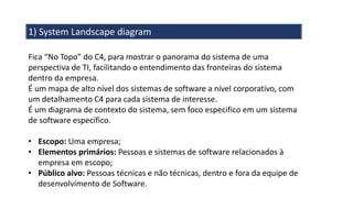 1) System Landscape diagram
Fica “No Topo” do C4, para mostrar o panorama do sistema de uma
perspectiva de TI, facilitando o entendimento das fronteiras do sistema
dentro da empresa.
É um mapa de alto nível dos sistemas de software a nível corporativo, com
um detalhamento C4 para cada sistema de interesse.
É um diagrama de contexto do sistema, sem foco especifico em um sistema
de software específico.
• Escopo: Uma empresa;
• Elementos primários: Pessoas e sistemas de software relacionados à
empresa em escopo;
• Público alvo: Pessoas técnicas e não técnicas, dentro e fora da equipe de
desenvolvimento de Software.
 