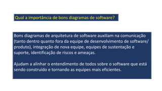 Qual a importância de bons diagramas de software?
Bons diagramas de arquitetura de software auxiliam na comunicação
(tanto dentro quanto fora da equipe de desenvolvimento de software/
produto), integração de nova equipe, equipes de sustentação e
suporte, identificação de riscos e ameaças.
Ajudam a alinhar o entendimento de todos sobre o software que está
sendo construído e tornando as equipes mais eficientes.
 
