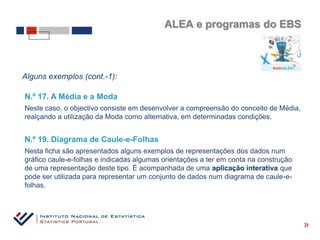 ALEA e programas do EBS



Alguns exemplos (cont.-1):

N.º 17. A Média e a Moda
Neste caso, o objectivo consiste em desenvolver a compreensão do conceito de Média,
realçando a utilização da Moda como alternativa, em determinadas condições.


N.º 19. Diagrama de Caule-e-Folhas
Nesta ficha são apresentados alguns exemplos de representações dos dados num
gráfico caule-e-folhas e indicadas algumas orientações a ter em conta na construção
de uma representação deste tipo. É acompanhada de uma aplicação interativa que
pode ser utilizada para representar um conjunto de dados num diagrama de caule-e-
folhas.



                                                                                      «
 