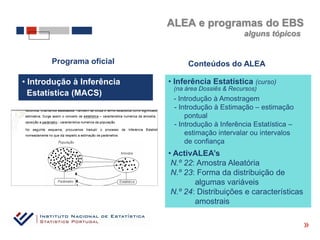 ALEA e programas do EBS
                                                    alguns tópicos


       Programa oficial          Conteúdos do ALEA

• Introdução à Inferência   • Inferência Estatística (curso)
                             (na área Dossiês & Recursos)
  Estatística (MACS)
                             - Introdução à Amostragem
                             - Introdução à Estimação – estimação
                                 pontual
                             - Introdução à Inferência Estatística –
                                 estimação intervalar ou intervalos
                                 de confiança
                            • ActivALEA’s
                             N.º 22: Amostra Aleatória
                             N.º 23: Forma da distribuição de
                                    algumas variáveis
                             N.º 24: Distribuições e características
                                    amostrais

                                                                       «
 