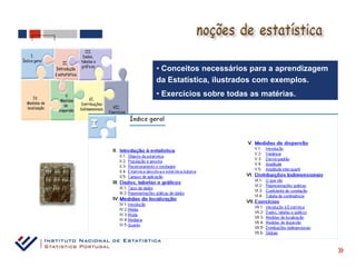• Conceitos necessários para a aprendizagem
da Estatística, ilustrados com exemplos.
• Exercícios sobre todas as matérias.




                                              «
 