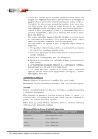 • Quando duas ou mais equipes estiverem trabalhando numa mesma sub-
                                estação, cada responsável pelo serviço deve providenciar a instalação dos
                                equipamentos de aterramento temporário necessários ao seu serviço, in-
                                dependente dos aterramentos temporários instalados pelas outras equi-
                                pes. Cada equipe deve acatar as ordens apenas de seu respectivo
                                responsável pelo serviço e atender as normas respectivas de aterramento;
                           •    Durante os testes para detecção de tensão e aterramento temporário do
                                circuito e equipamentos, o pessoal não envolvido deve manter-se afasta-
                                do do local do serviço.
                           •    Nos ensaios que exijam equipamentos não aterrados, os mesmos devem
                                ser descarregados eletricamente à terra, seguindo para isso os procedi-
                                mentos estabelecidos e específicos para cada equipamento.
                           •    Em toda remoção de ligações à terra, as seguintes regras devem ser
                                obedecidas:
                                • O responsável pelo serviço deve verificar se o aterramento se relaciona
                                    com os serviços executados pela sua equipe;
                                • Certificar-se da retirada das ferramentas utensílios e equipamentos en-
                                    volvidos no trabalho;
                                • Certificar se a instalação está apta a ser reenergizada;
                                • Certificar da remoção da zona controlada, de todos empregados envol-
                                    vidos na tarefa.
                           •    É EXPRESSAMENTE PROIBIDO RETIRAR O ATERRAMENTO TEMPORÁ-
                                RIO QUE NÃO SEJA DE SUA RESPONSABILIDADE
                           •    Com o bastão apropriado, desconectar em primeiro lugar a extremidade
                                ligada ao condutor do circuito ou equipamento e, em seguida, a extremi-
                                dade ligada à malha terra.

                       Ferramentas e materiais
                       Materiais: Conjunto de aterramento temporário, detector de tensão.
                       Ferramentas: Escadas extensíveis de madeira ou fibra, conforme norma vigente.

                       Pessoas
                       Pessoal necessário (engenheiros, técnicos, eletricistas e operadores) autorizado
                       a executarem as atividades.
                       EPI’s: Capacete de segurança, óculos de segurança “incolor ou escuro”, Uni-
                       forme antichama, luva isolante de borracha e luva de proteção, cinturão de se-
                       gurança com talabarte e botina de segurança.
                       EPC’s: Fitas ou cordas refletivas, bandeiras refletivas, bandeiras imantadas
                       refletivas,cones e grades não metálicas.

                       Riscos envolvidos e formas de controle e prevenção
                               RISCOS ENVOLVIDOS                     FORMAS DE CONTROLE E PREVENÇÃO

                        Ergonômico                        Postura ergonômica correta

                        Choque elétrico                   Utilizar EPI adequado

                        Queda                             Utilizar EPI adequado

                        Explosão                          Utilizar EPI adequado




76 - COMISSÃO TRIPARTITE PERMANENTE DE NEGOCIAÇÃO DO SETOR ELETRICO NO ESTADO DE SP
 