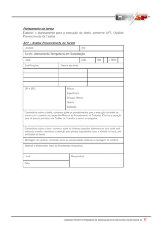 Planejamento da tarefa
Elaborar o planejamento para a execução da tarefa, conforme APT. (Análise
Prevencionista da Tarefa)

APT – Análise Prevencionista da Tarefa
 Unidade:                                                O/S:

 Tarefa: Aterramento Temporário em Subestação
 Local:                                                  COS:            SIM         7.NÃO

 Qualificações:                     Pessoal escalado:




 EPI e EPC:                                Riscos:
                                           Ergonômico
                                           Choque elétrico
                                           Queda
                                           Explosão

 Comentários sobre a tarefa: comentar sobre os procedimentos para a execução da tarefa de
 acordo com o previsto no respectivo Manual de Procedimento de Trabalho. Chamar a atenção
 para os passos previstos nos Cartões de Trabalho a serem empregados.



 Comentários sobre o local: comentar sobre os diversos aspectos referentes ao local onde será
 realizada a tarefa, chamando a atenção para pontos importantes como o trânsito no local, pro-
 ximidades de favela.

 Montagem do canteiro: comentar sobre as peculiaridades relativas à montagem do canteiro.

 Material e ferramentas: listar as ferramentas necessárias.



 Local:                                        Responsável:

 Data:




                                        COMISSÃO TRIPARTITE PERMANENTE DE NEGOCIAÇÃO DO SETOR ELETRICO NO ESTADO DE SP -   77
 
