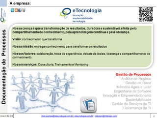 2Versão 3 | Mar 2015
DocumentaçãodeProcessos
rildo.santos@etecnologia.com.br | etecnologia.com.br | rildosan@rildosan.com
A empresa:
Gestão de Processos
Análise de Negócio
Gestão de Risco
Métodos Ágeis e Lean
Engenharia de Software
Inovação e Empreendedorismo
Sustentabilidade
Gestão de Serviços de TI
Governança de TI
 
