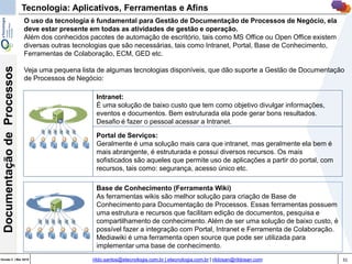 31Versão 3 | Mar 2015
DocumentaçãodeProcessos
rildo.santos@etecnologia.com.br | etecnologia.com.br | rildosan@rildosan.com
Intranet:
É uma solução de baixo custo que tem como objetivo divulgar informações,
eventos e documentos. Bem estruturada ela pode gerar bons resultados.
Desafio é fazer o pessoal acessar a Intranet.
Base de Conhecimento (Ferramenta Wiki)
As ferramentas wikis são melhor solução para criação de Base de
Conhecimento para Documentação de Processos. Essas ferramentas possuem
uma estrutura e recursos que facilitam edição de documentos, pesquisa e
compartilhamento de conhecimento. Além de ser uma solução de baixo custo, é
possível fazer a integração com Portal, Intranet e Ferramenta de Colaboração.
Mediawiki é uma ferramenta open source que pode ser utilizada para
implementar uma base de conhecimento.
Portal de Serviços:
Geralmente é uma solução mais cara que intranet, mas geralmente ela bem é
mais abrangente, é estruturada e possui diversos recursos. Os mais
sofisticados são aqueles que permite uso de aplicações a partir do portal, com
recursos, tais como: segurança, acesso único etc.
O uso da tecnologia é fundamental para Gestão de Documentação de Processos de Negócio, ela
deve estar presente em todas as atividades de gestão e operação.
Além dos conhecidos pacotes de automação de escritório, tais como MS Office ou Open Office existem
diversas outras tecnologias que são necessárias, tais como Intranet, Portal, Base de Conhecimento,
Ferramentas de Colaboração, ECM, GED etc.
Veja uma pequena lista de algumas tecnologias disponíveis, que dão suporte a Gestão de Documentação
de Processos de Negócio:
Tecnologia: Aplicativos, Ferramentas e Afins
 